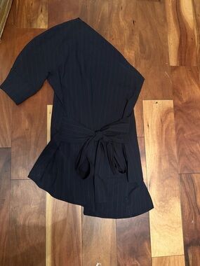 Adolfo Dominguez Black Pinstripe One-Shoulder Wrap Dress